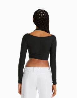 FEMME BERSHKA Vêtements*T-shirt manches longues détail encolure