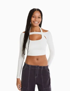 FEMME BERSHKA Vêtements*T-shirt manches longues détail encolure