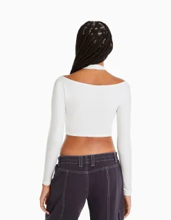 FEMME BERSHKA Vêtements*T-shirt manches longues détail encolure