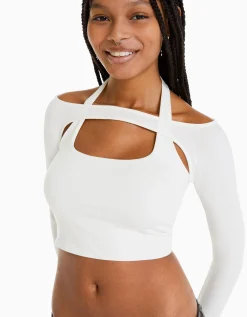 FEMME BERSHKA Vêtements*T-shirt manches longues détail encolure