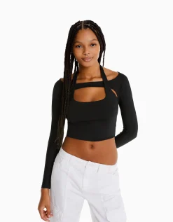 FEMME BERSHKA Vêtements*T-shirt manches longues détail encolure