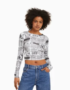 FEMME BERSHKA Tee-shirts*T-shirt manches longues imprimé