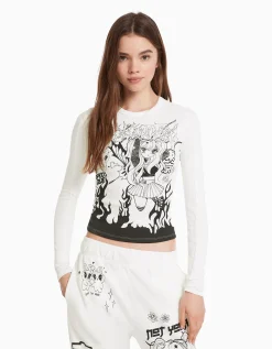 FEMME BERSHKA Tee-shirts*T-shirt manches longues imprimé anime