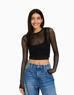 FEMME BERSHKA Tee-shirts*T-shirt manches longues seamless filet
