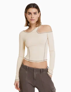 FEMME BERSHKA Tee-shirts*T-shirt moulant manches longues fil contraste