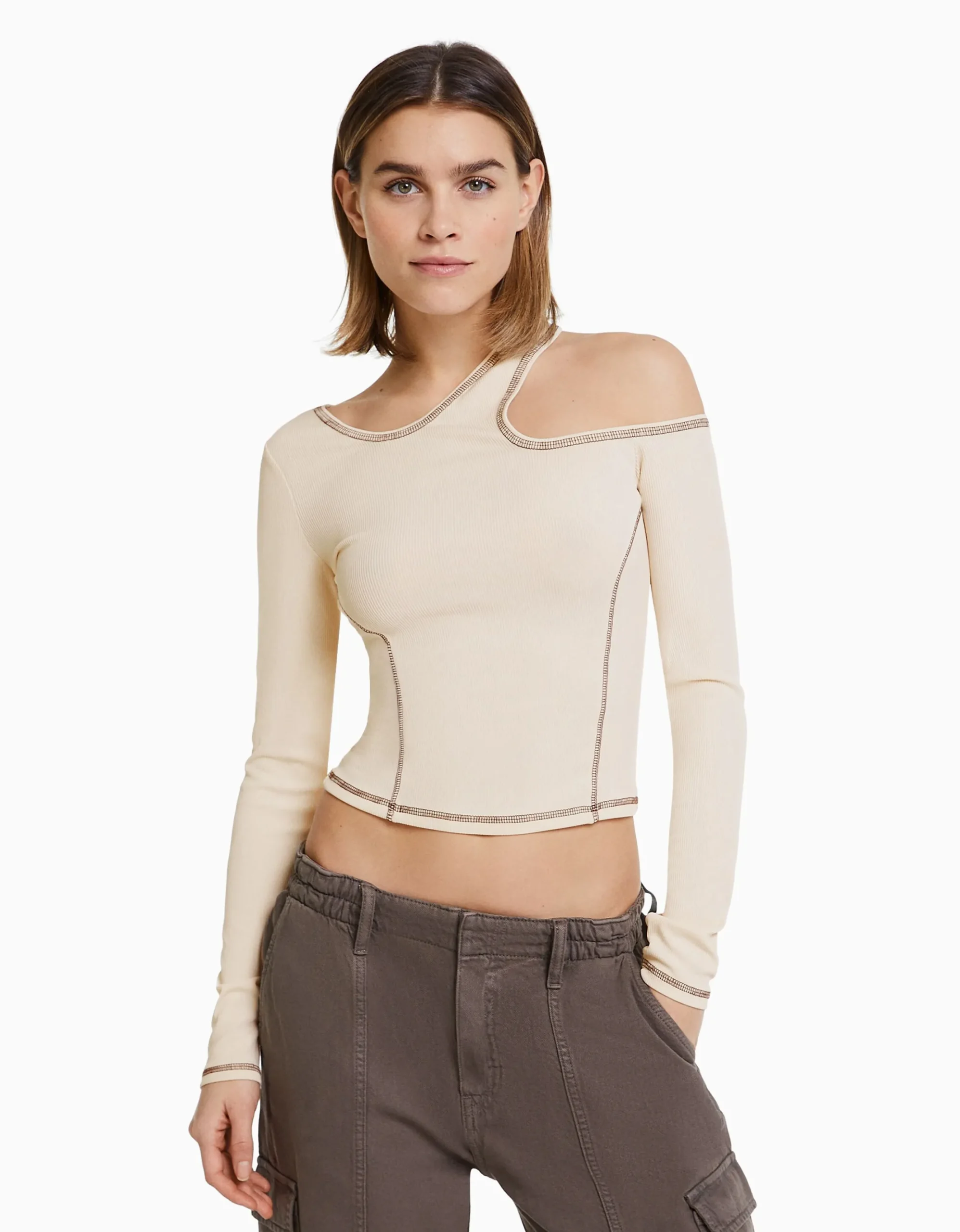 FEMME BERSHKA Tee-shirts*T-shirt moulant manches longues fil contraste