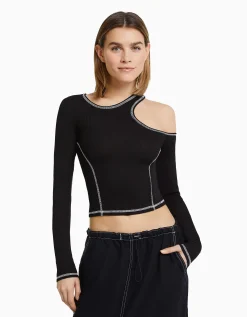 FEMME BERSHKA Tee-shirts*T-shirt moulant manches longues fil contraste