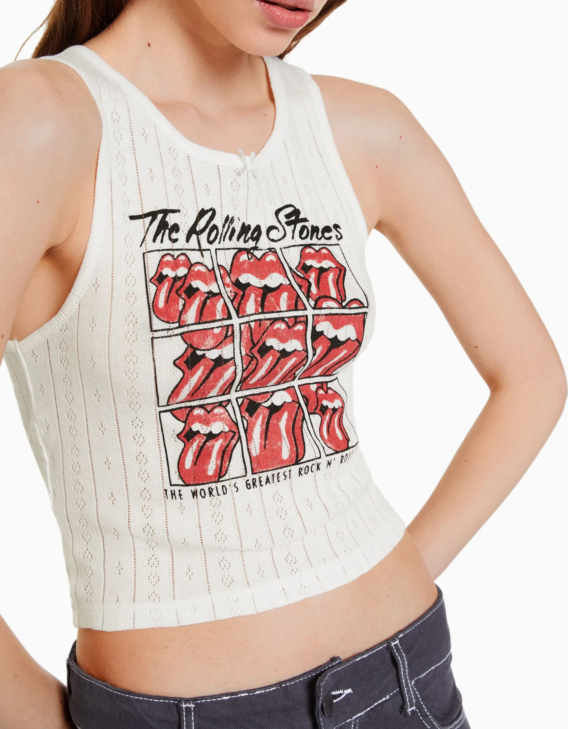 FEMME BERSHKA Tee-shirts*T-shirt sans manches maille pointelle imprimé The Rolling Stones
